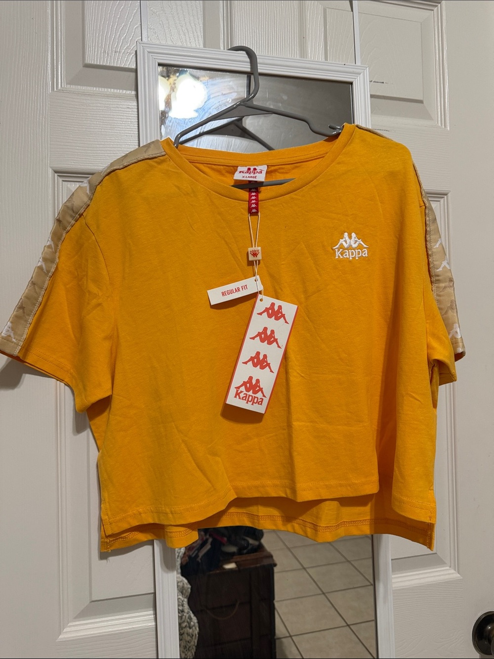 Kappa Yellow Cropped Tee with Beige Tape-Stripe Sleeves